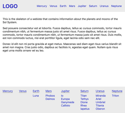 a very basic site showing a <header> and <footer> element, with a <nav> element styled differently within each