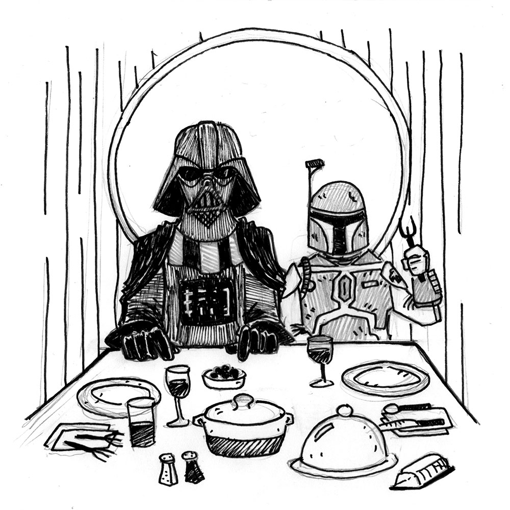 Darth Vader and Boba Fett having dinner illustration