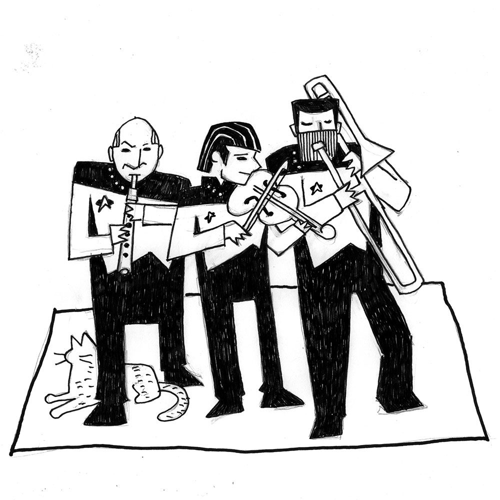 stylized illustration of Picard, Data, and Riker from Star Trek playing music