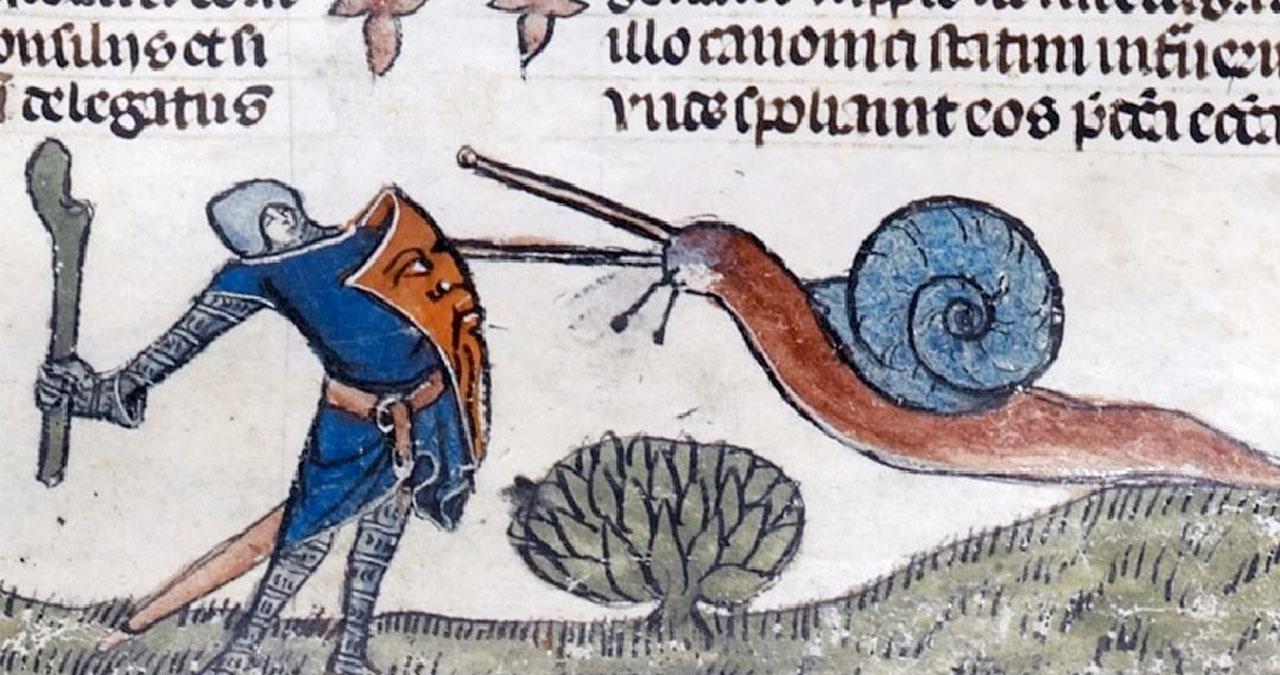 illuminated manuscript margin illustration of a knight in battle with a giant snail
