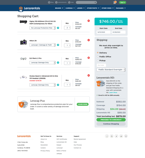 new lensrentals.com cart page'