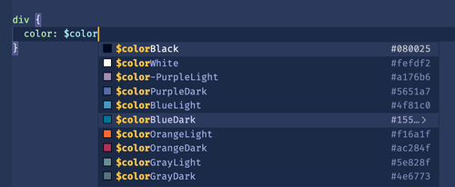 $color variable autocompleting in VS Code