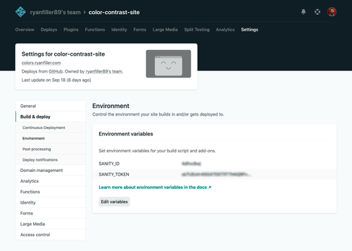 Netlify dashboard, Settings  `Deploys > Environment`