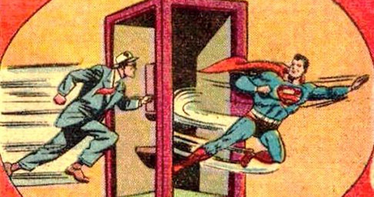 Clark Kent going into a phone booth and Superman coming out