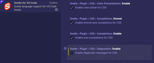 menu options for Extensions > Svelte for VS Code